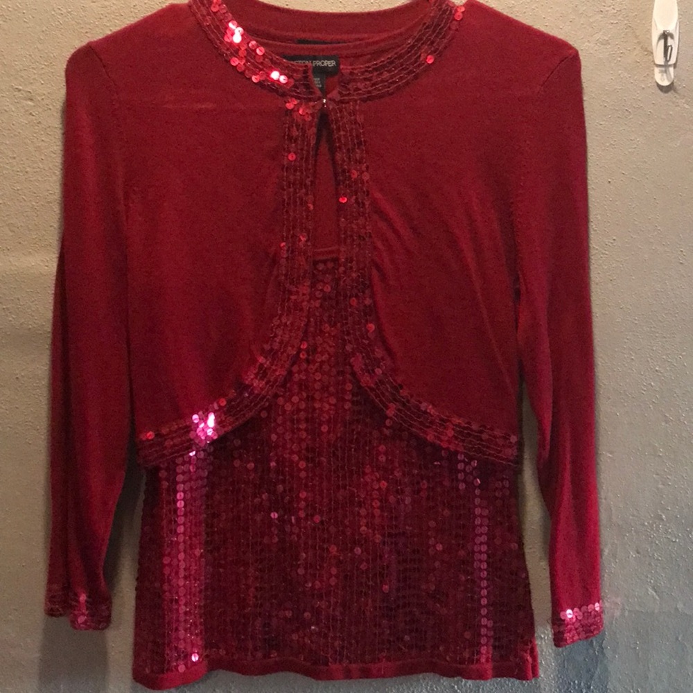 Burgundy sequined tank and bolero set.